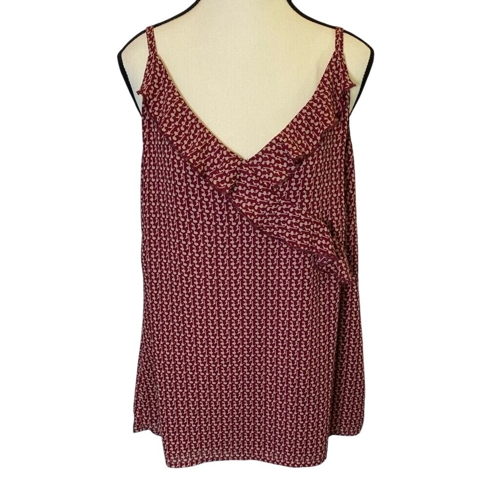 CAbi Fresco Cami #4186 Women's Large Ruffled Neckline Burgundy Print Blouse